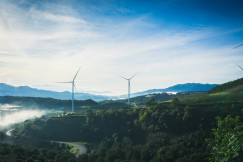 a group of wind turbines on a hill