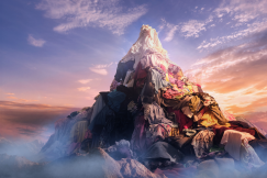 mountain-like pile of colorful clothes