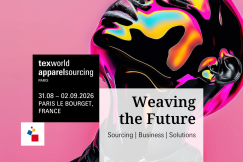 Promotional poster for Texworld Apparel Sourcing Paris 2026 featuring a stylised face and event details on sourcing and textile business.