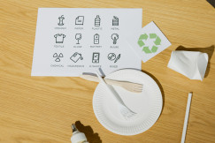 Paper forks on paper plate near card with recycling pictographs.