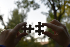 A person holding two pieces of a puzzle.