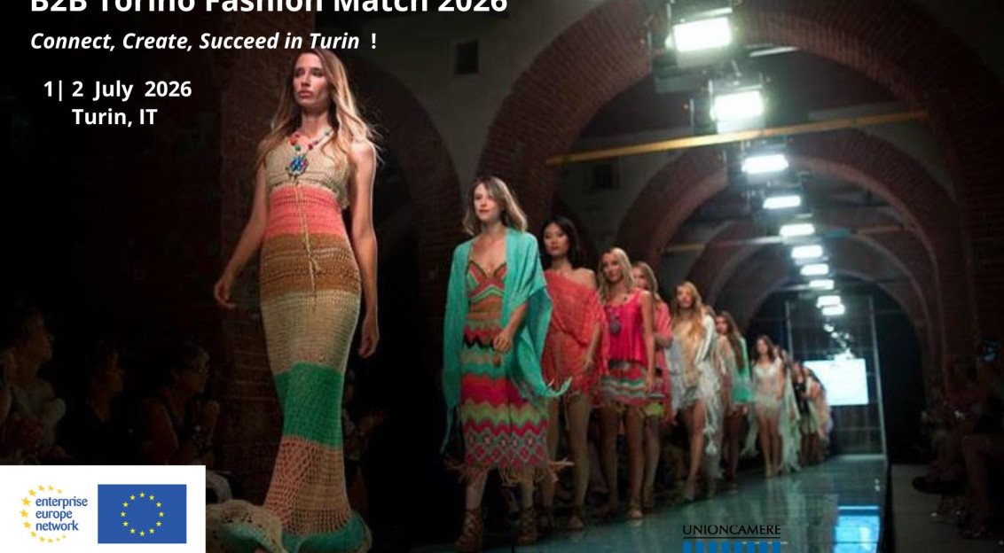 Promotional poster for B2B Torino Fashion Match 2026 featuring models walking a fashion runway in Turin, Italy, with event dates 1-2 July 2026 and logos of Unioncamere Piemonte and Turin Chamber of Commerce.