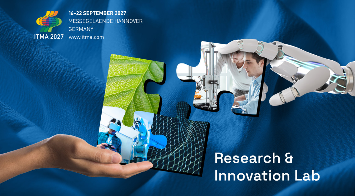 Puzzle pieces showing robotics, virtual reality, and nature, joined by a robotic hand and human hand, with ITMA 2027 Hannover event details.
