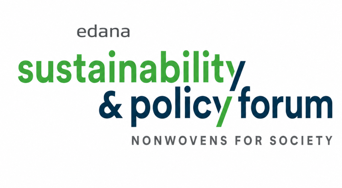 Logo graphic for the EDANA Sustainability & Policy Forum featuring green and blue typography on a white background with the subtitle “Nonwovens for Society”.