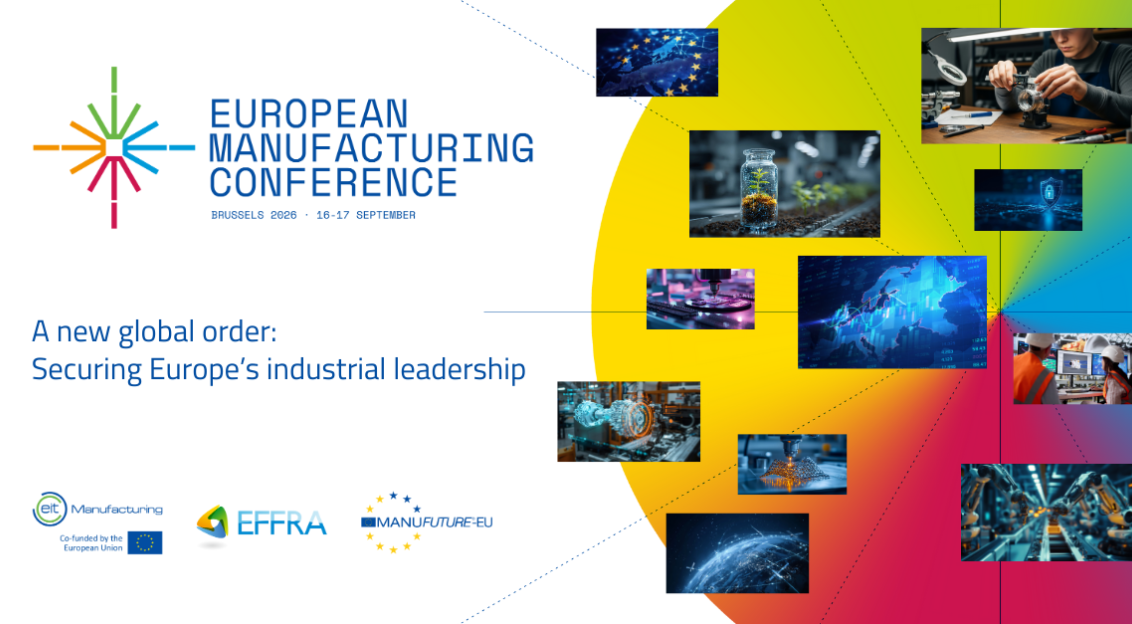 Banner for the European Manufacturing Conference 2026 showing event title, date in Brussels and visuals related to advanced manufacturing and technology.