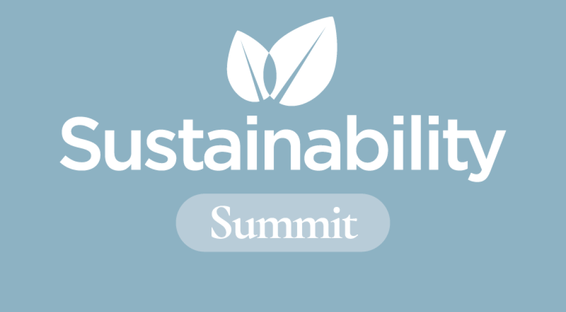 Blue promotional graphic for the TW Sustainability Summit featuring the words “TextilWirtschaft Sustainability Summit” and the dfv Conference Group logo.
