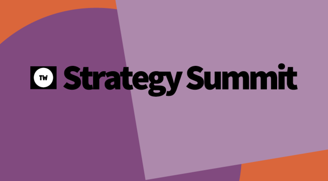 Graphic for the TW Strategy Summit featuring geometric purple and orange shapes with the text “Strategy Summit” and the dfv Conference Group logo.