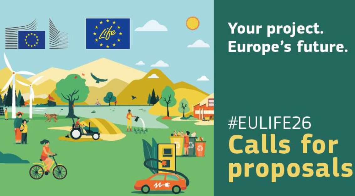 The pic presents an illustrated EU LIFE banner highlighting sustainability, renewable energy, and clean mobility.