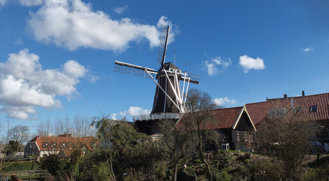 The picture describes a traditional windmill situated within a rural village setting.