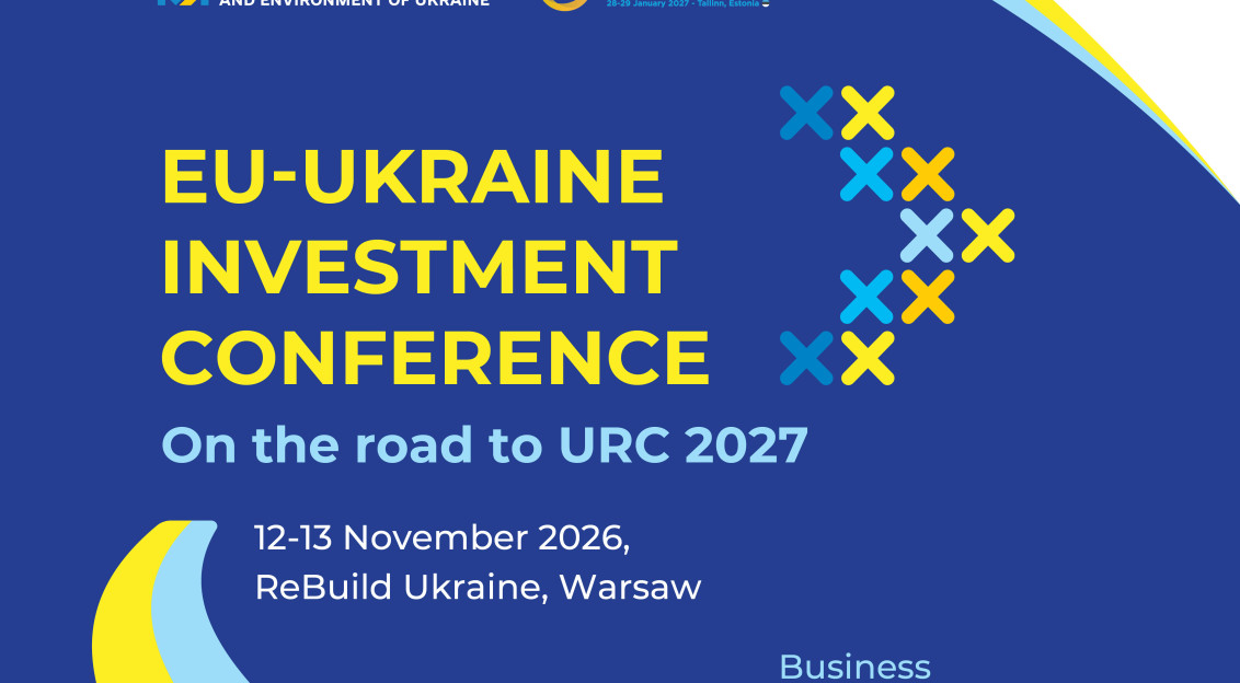 This picture is a banner for the EU-Ukraine Investment Conference taking place as part of the ReBuild Ukraine exhibition in Warsaw.