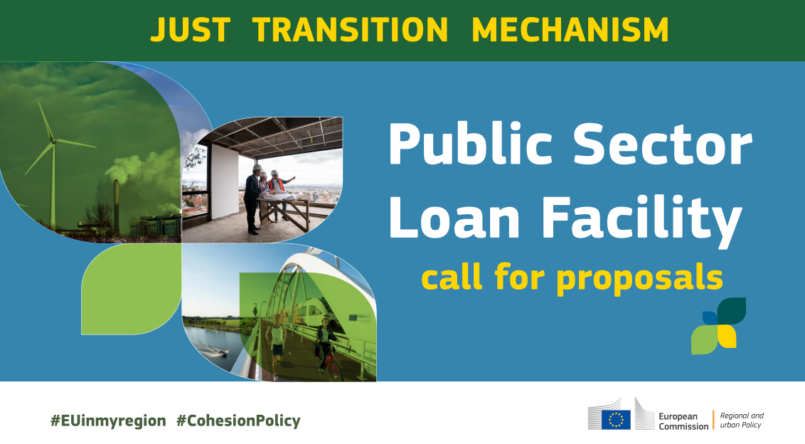This picture shows a promotional graphic for the Just Transition Mechanism’s Public Sector Loan Facility call for proposals.