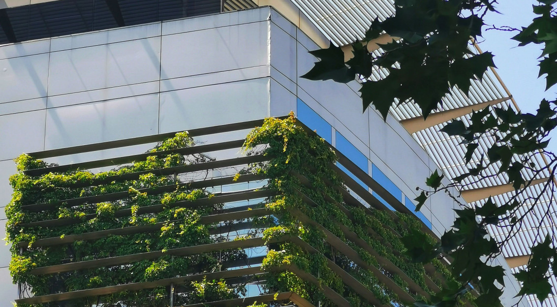 The picture shows a modern multi-storey building that incorporates extensive greenery into its façade and exterior design.