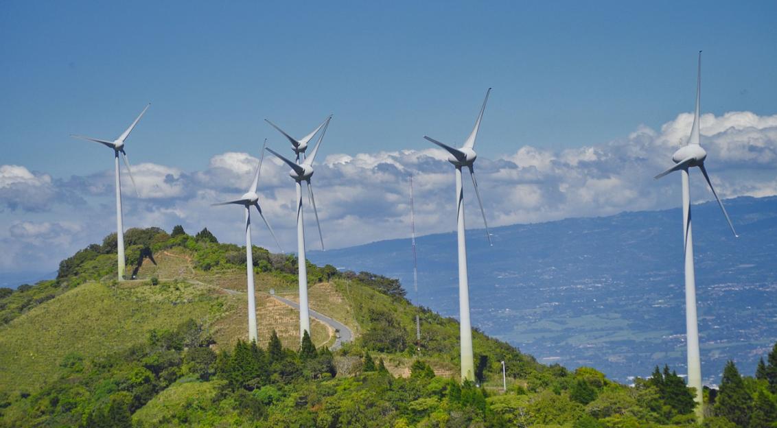 An illustrative photo of renewable wind energy generators on a hill