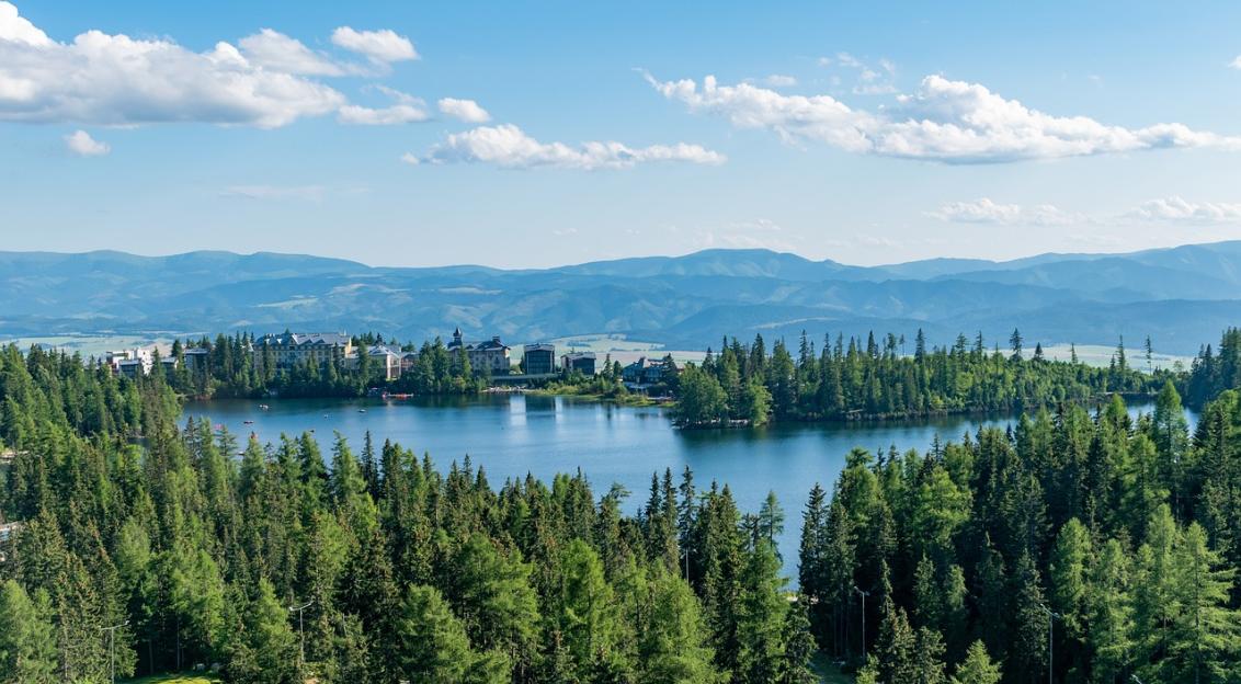 An illustrative photo of a lake near forest and mountains in the background