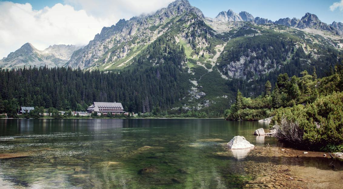 An illustrative photo of mountains with green trees near a lake