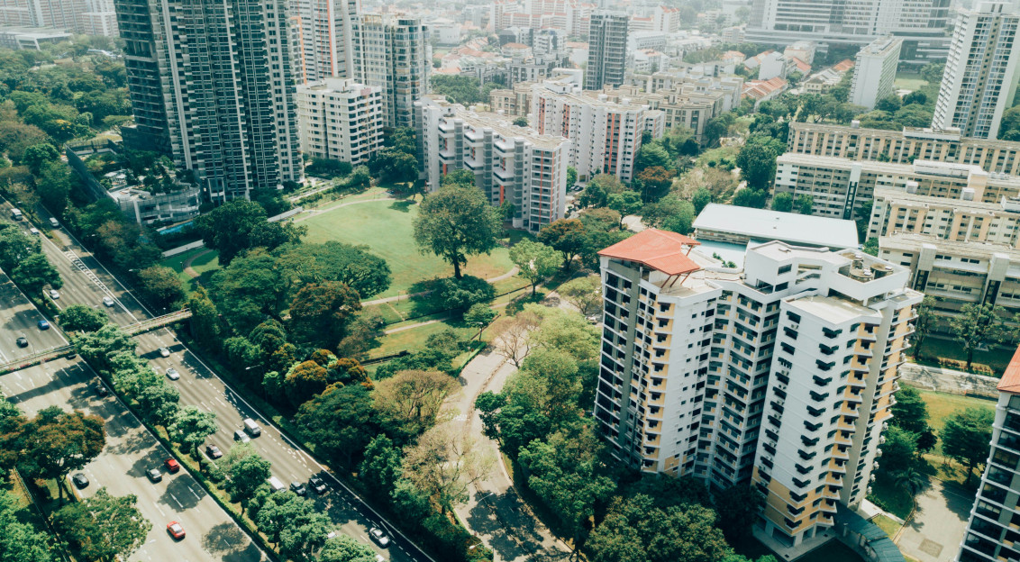 An illustrative photo of a green city with many skyscrapers