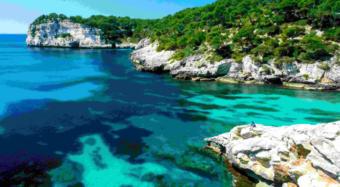 An illustrative photo of a green island near a blue body of water.