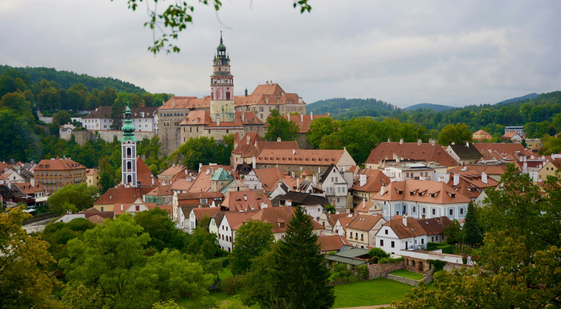 An illustrative photo of a view of a town from a hill.