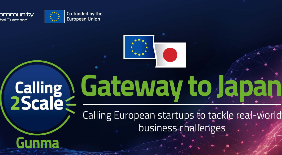Promotional banner for “Calling2Scale – Gateway to Japan,” featuring EU and Japan flags and a call for European startups to address real-world business challenges in Gunma.