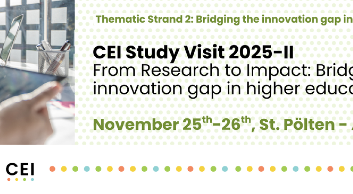 Banner announcing “CEI Study Visit 2025-II: From Research to Impact,” focused on bridging the innovation gap in higher education.