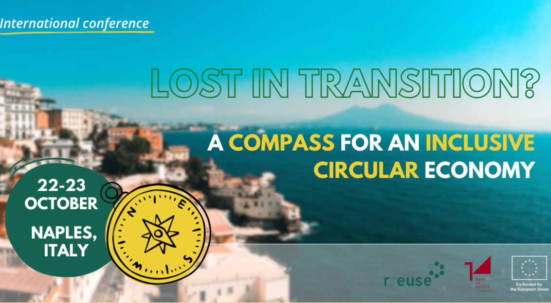 Banner for an international conference titled “Lost in Transition? A Compass for an Inclusive Circular Economy,” taking place in Naples.
