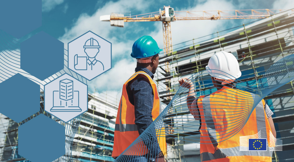 Construction workers in front of building and visual identity elements