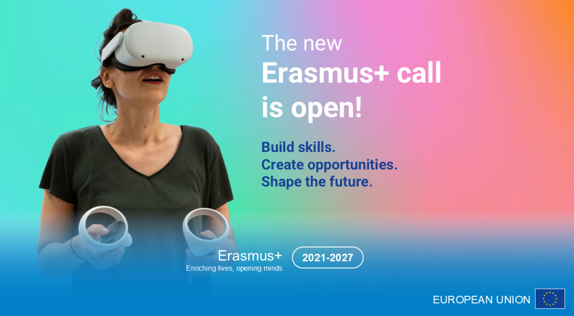 Person using a VR headset next to an Erasmus+ call announcement.