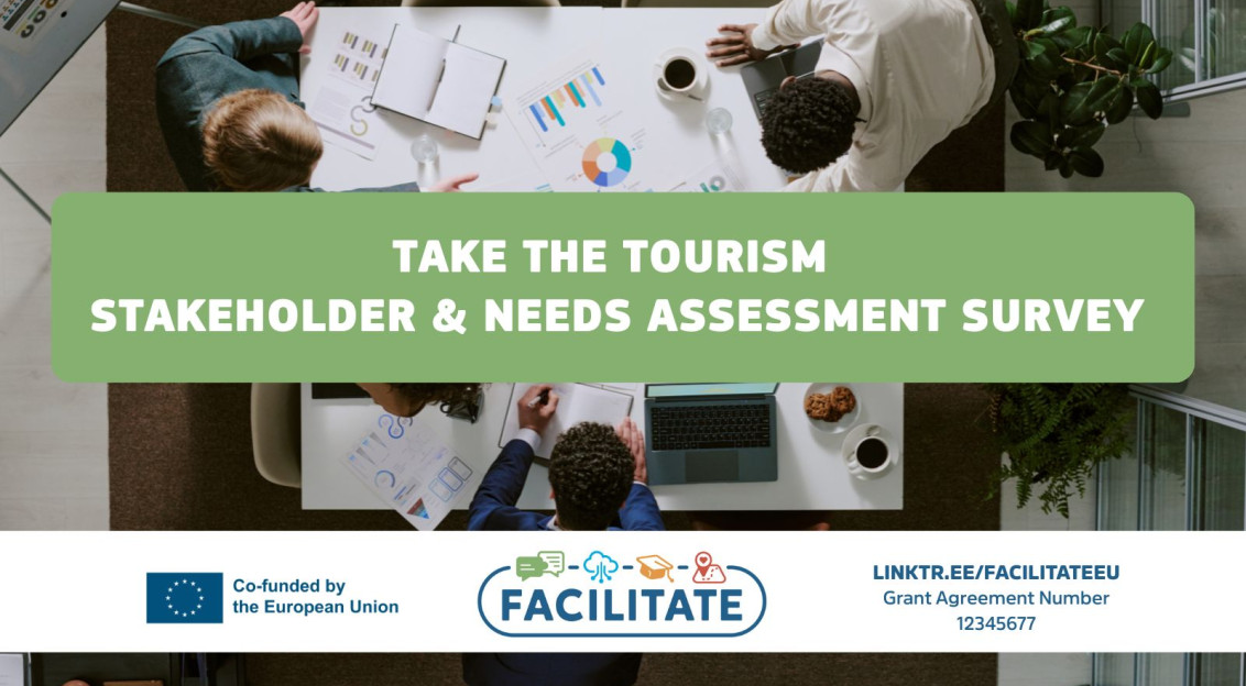 A poster with the survey title and a picture of people at the table in the background