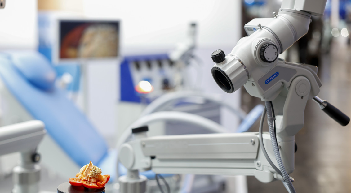 Laboratory setting with microscope and tubes 