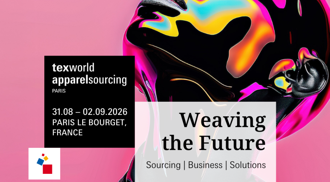 Promotional poster for Texworld Apparel Sourcing Paris 2026 featuring a stylised face and event details on sourcing and textile business.